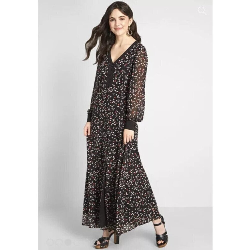 MODCLOTH Windswept Off My Feet Floral Maxi Dress Long Sleeve Black